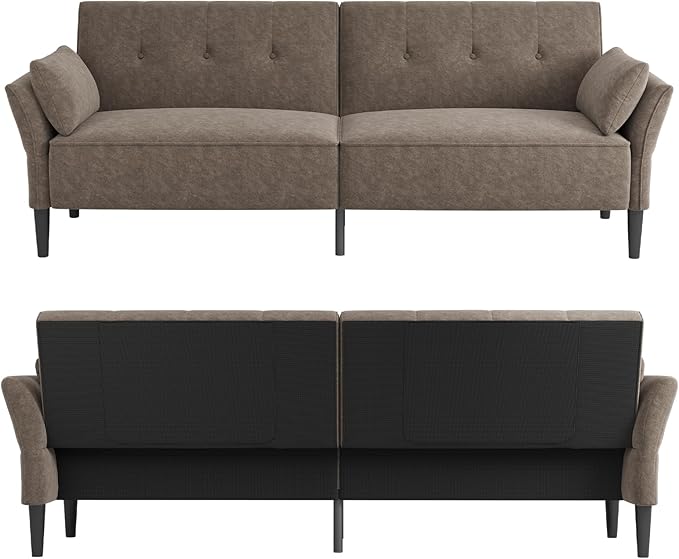 89” Futon Sofa Bed, Comfy Futon Couch Bed with 2 Square Pillows, Convertible Sleeper Sofa with Adjustable Backrest& Armrests, Modern Loveseat Sleeper for Living Room, Bedroom, Light Brown