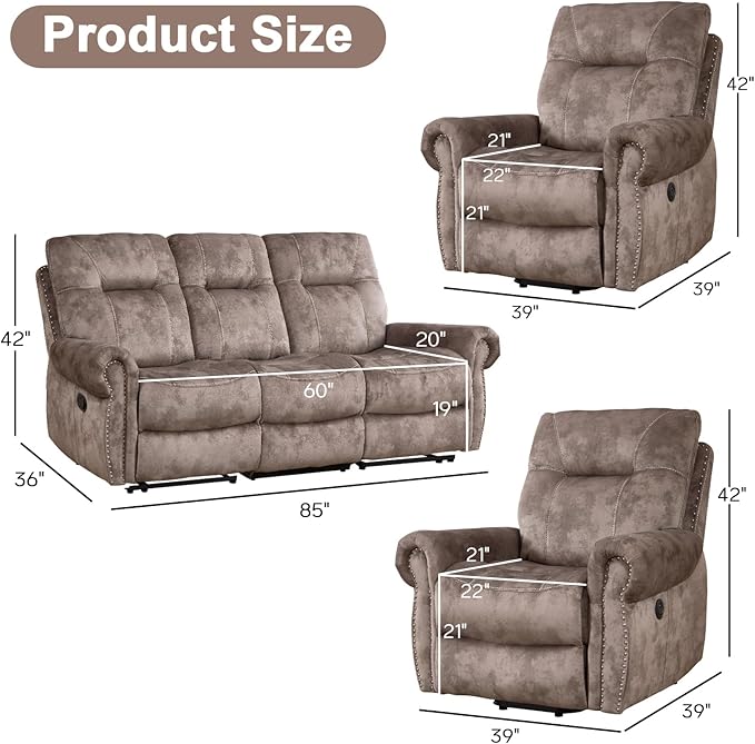 EBELLO 3 Pieces Reclining Couch Furniture Set for Living Room, Double 1 Seat Power Recliner Chair with Massage and Heat, a 3 Seater Manual Sofa, Vintage Rivet Mid-Century Design, Brown