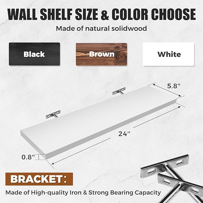 3-Pack Floating Wall Shelves, 24-Inch Rustic White Wooden Shelves for Storage and Décor, Easy Installation for Living Room, Bedroom, and Kitchen