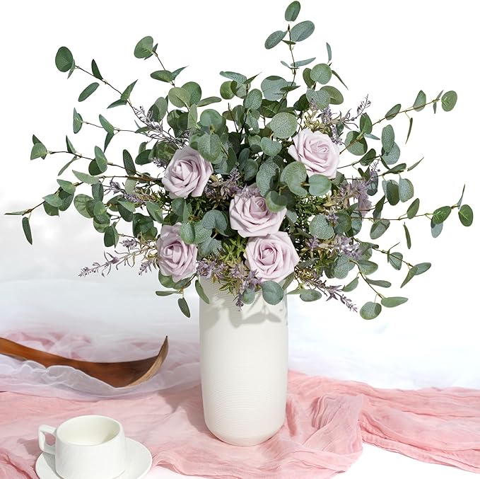 6Pcs Faux Eucalyptus Stems, 27" Artificial Eucalyptus Plants with White Frosted Coating, Fake Eucalyptus Decor Silk Greenery Leaves for Wedding Bouquets Home Decor DIY Floral Arrangements