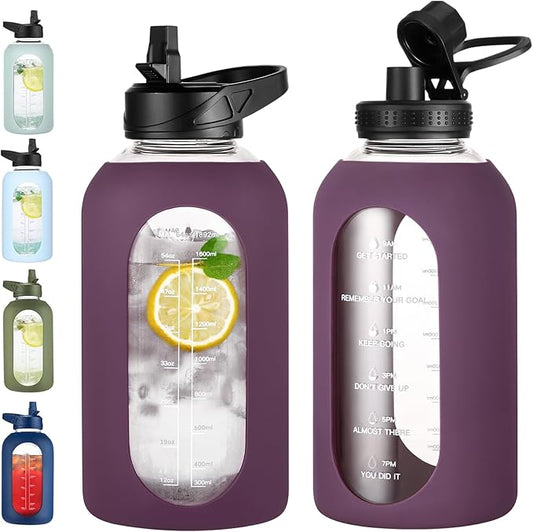 64 oz Glass Water Bottle With Straw and Handle, Half Gallon Sports Motivational Water Jug Flask with Silicone Sleeve, Large Water Cup with Time Marker for Travel, Gym, Dark Purple