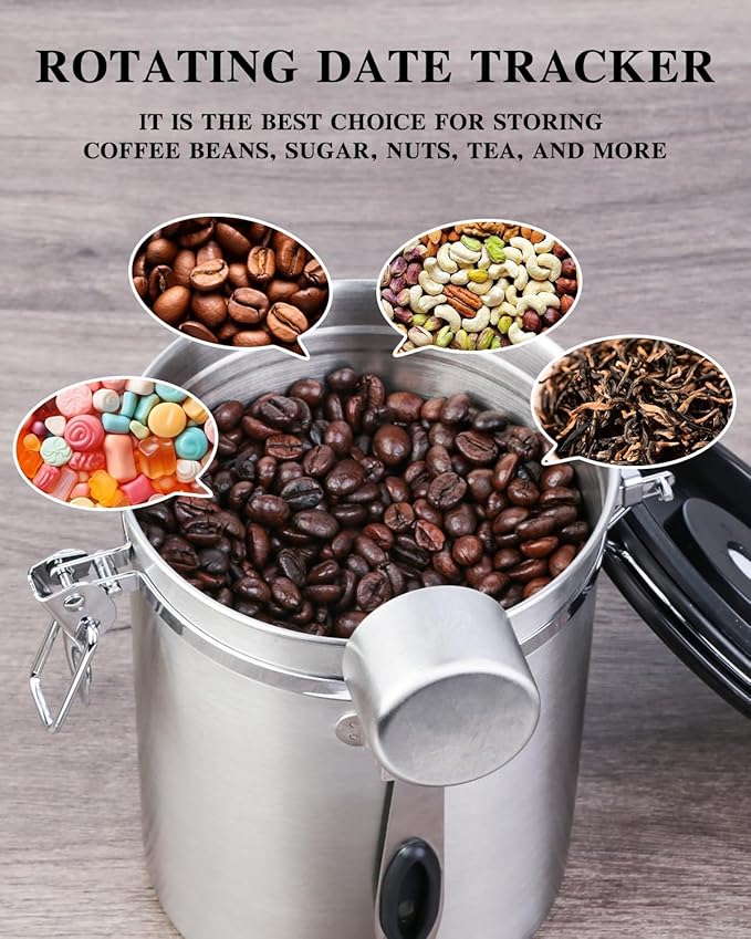 Coffee Canister Airtight Storage Container Stainless Steel Air Tight Coffee Jar with Scoop, Date Tracker CO2 Release Valve for Dry Food, Beans, Ground, Tea, Flour, Cereal and Sugar (1.8L-Silver-2pcs)