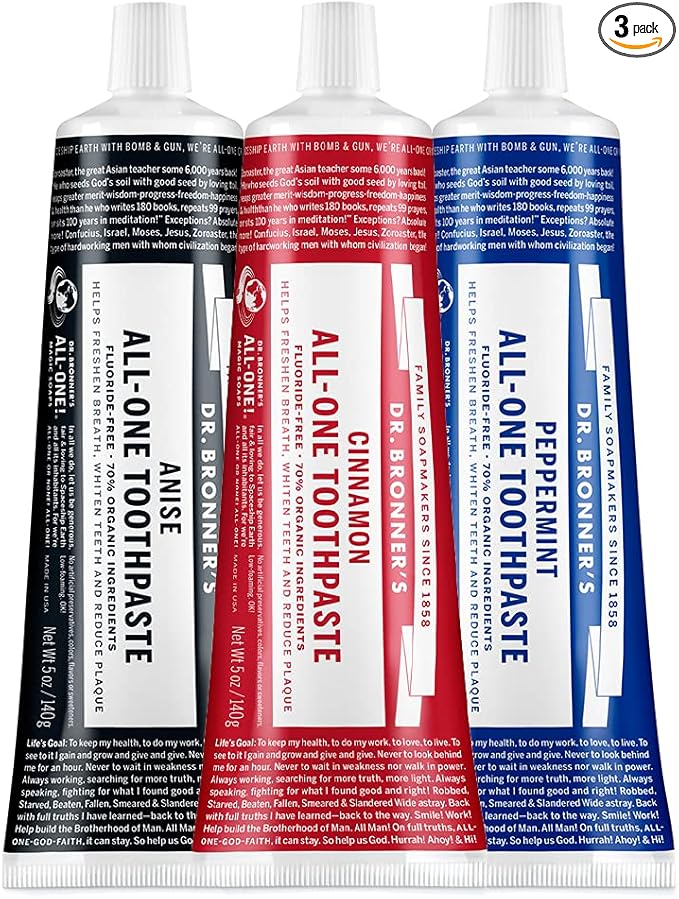 Dr. Bronner’s All-One Toothpaste 3-Pack Variety– (Peppermint, Cinnamon, Anise, 5oz Each)– 70% Organic Ingredients, SLS Free Toothpaste, Fluoride Free, Natural, Vegan, Gentle for Sensitive Teeth