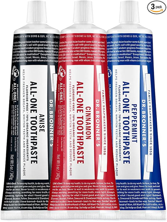 Dr. Bronner’s All-One Toothpaste 3-Pack Variety– (Peppermint, Cinnamon, Anise, 5oz Each)– 70% Organic Ingredients, SLS Free Toothpaste, Fluoride Free, Natural, Vegan, Gentle for Sensitive Teeth