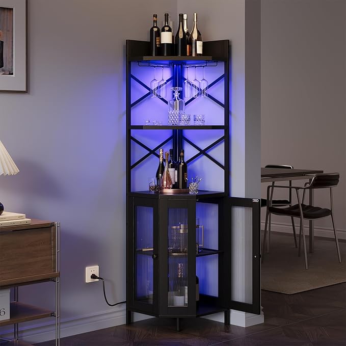 Corner Bar Cabinet with Power Outlet, 5-Tier Corner Wine Cabinet with Led Strip and Glass Holder, Industrial Tall Liquor Cabinet Bar Wine Rack for Home，Black