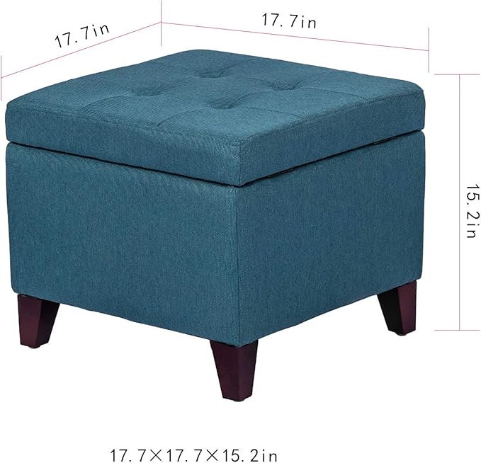 Adeco Square Fabric Storage Ottoman with Tufted Flip Top, 18x18x15