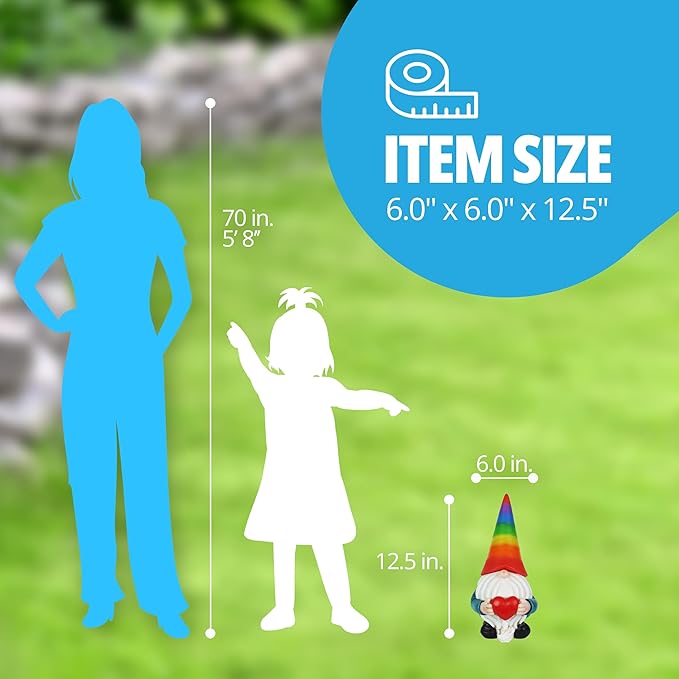 Exhart Garden Gnome, Solar Garden Gnome Statue with Heart, LED Rainbow Hat, Cute Outdoor Garden Decoration, 6 x 12.5 Inch, Multicolor, Resin