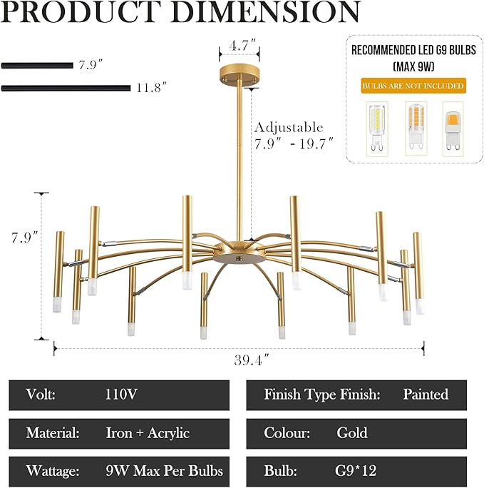 Gold Modern Chandelier 39.4" Large Chandelier Lighting Adjustable Ceiling Pendant Light 12 Light Pendant Light Fixtures for Living Room Dining Room Foyer