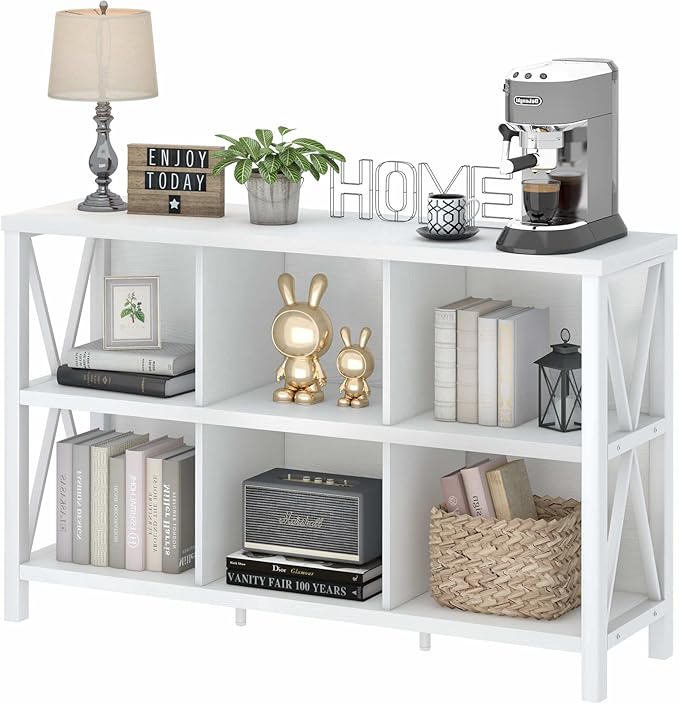 FATORRI 6 Cube Storage Organizer with Shelf, Long Wood and Metal Cubby Bookcase, Industrial Horizontal Bookshelf (White Oak, 47 Inch)