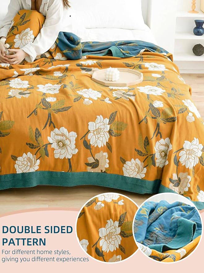 Boho Throw Blanket for Bed - 100% Pure Cotton Ultra Soft Rustic Quilt - Farmhouse Decor Bed Blankets, All Season Rustic Throw for Sofa Couch Chair(91''x 98'', Flower Branch 2)