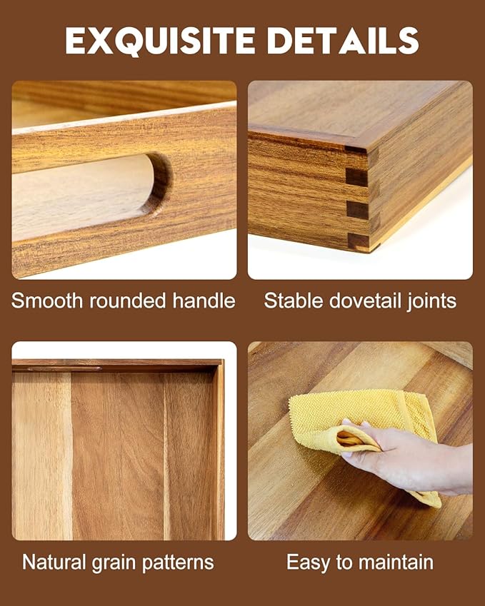 22 Inches Square Acacia Wood Ottoman Tray, Extra Large Wooden Serving Tray with Handles for Living Room, Serving Food Breakfast, Ottoman Coffee Table Couch Sofa Kitchen