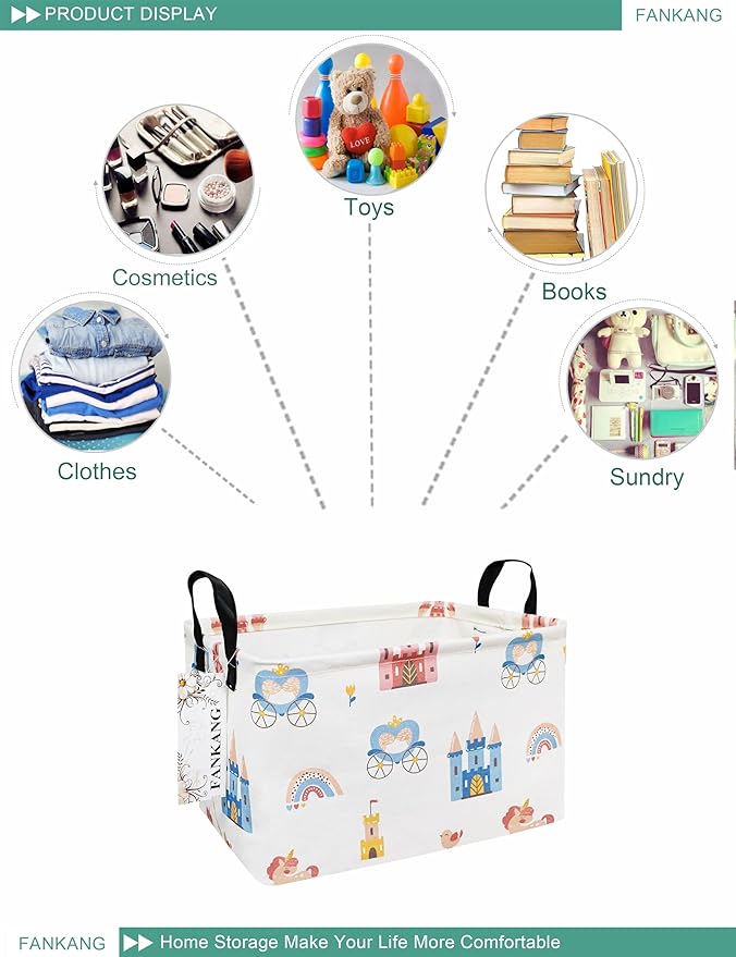 FANKANG Storage Bins, Nursery Hamper Canvas Laundry Basket Foldable with Waterproof PE Coating Large Storage Baskets for Kids Boys and Girls, Office, Bedroom, Clothes,Toys(Rec-castle carriage ）