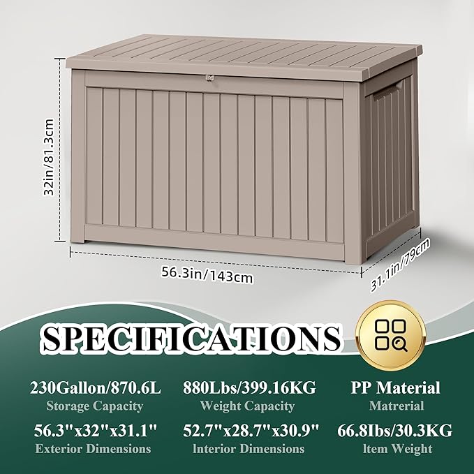 230 Gallon Outside Storage Box, Resin All Weather Storage Cabinet, Large Deck Box for Garden Tools, Patio Furniture, Sports Equipment, Light Brown