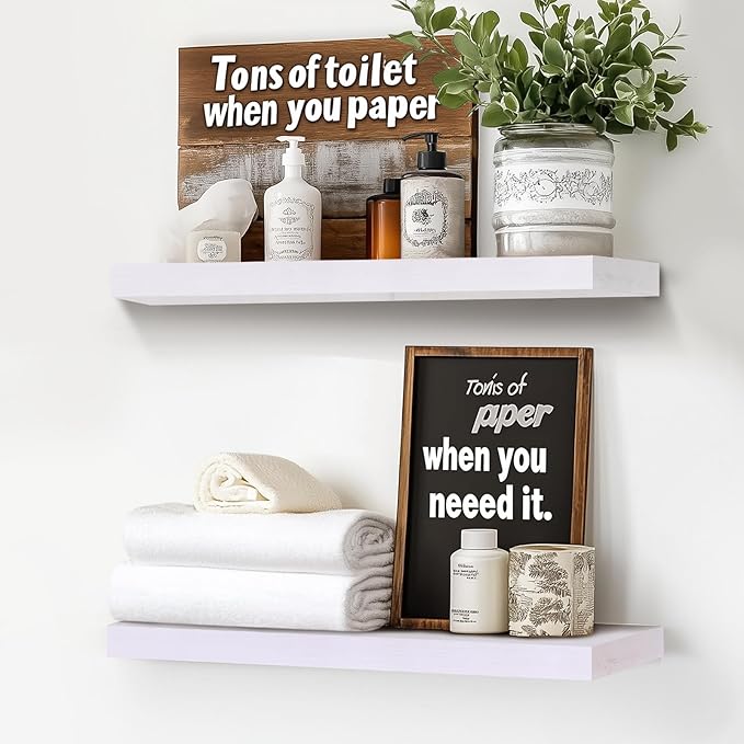 Floating Wall Shelves - 16"x6.8"x1.2" Sturdy Rustic White Solid Wood Shelves for Storage and Décor, Easy Installation for Living Room, Bedroom, and Kitchen - 2 Pack