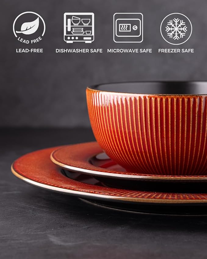 GBHOME Ceramic Dinnerware Sets,12 pcs Embossed Elegant Stoneware Plates and Bowls Sets, Housewarming Wedding Gift | Dishwasher & Microwave Safe | Dishes Set Service for 4