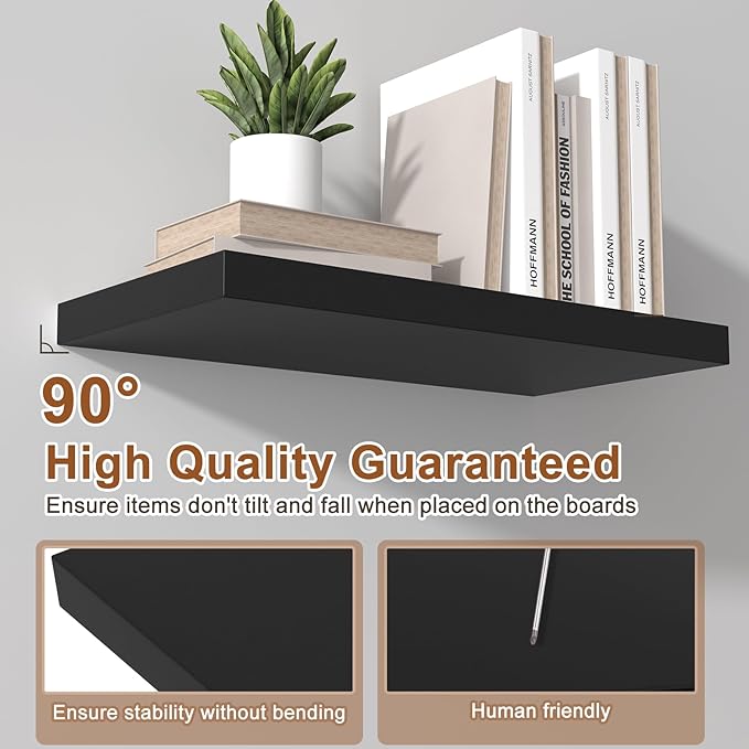 12 Inch Deep Floating Shelves for Wall 2 Pack Floating Shelves Large Storage Space Wall Mount Shelf for Living Room Kitchen Bathroom 30" W x 12" D x 1.2" H Black