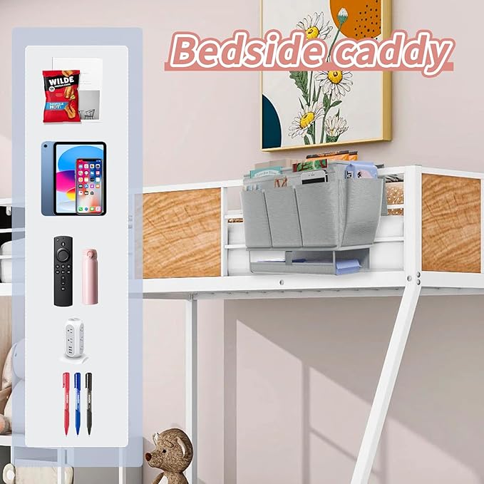 Bedside Caddy, Bed Organizer with 11 Pockets and Power Strip Holder,Versatile Bedside Storage Caddy for Home,Dorm,Bunk,Hospital,Crib Bed (Grey)