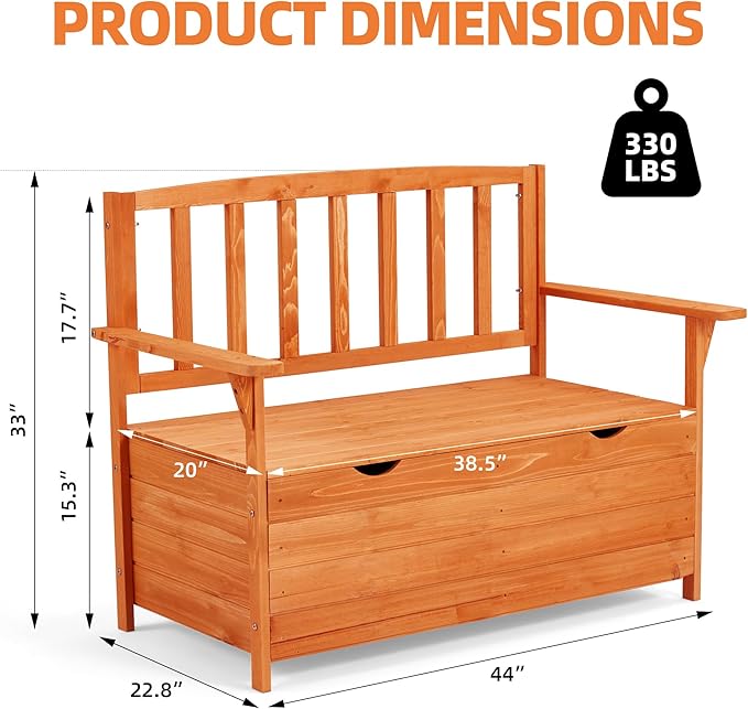 AVAWING Outdoor Storage Bench, Wooden Garden Bench Weatherproof, Patio Benches for Outside, 2-Seat Front Porch Bench, Park Bench for Deck, Lawn, Backyard(Natural)