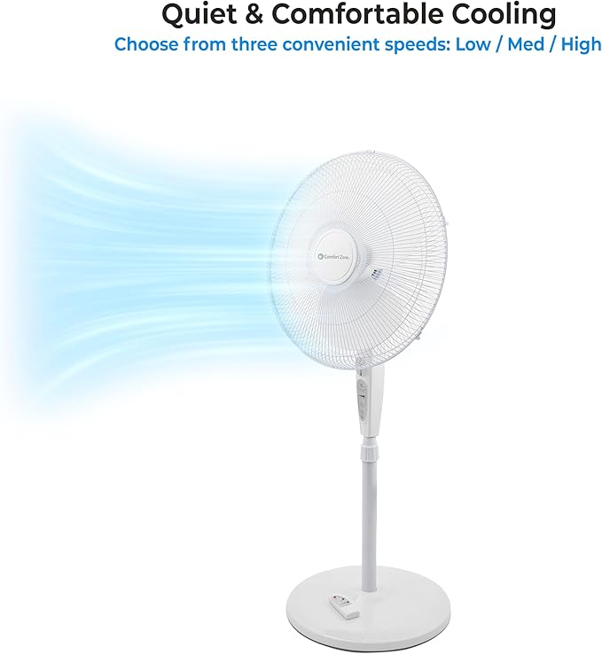 Comfort Zone 18-Inch Oscillating Pedestal Fan with Remote Control, 3-Speed Standing Fan with Adjustable Height (45–52”), Tilt, 4-Hour Timer & Auto Shutoff – Quiet Bedroom Fan, White