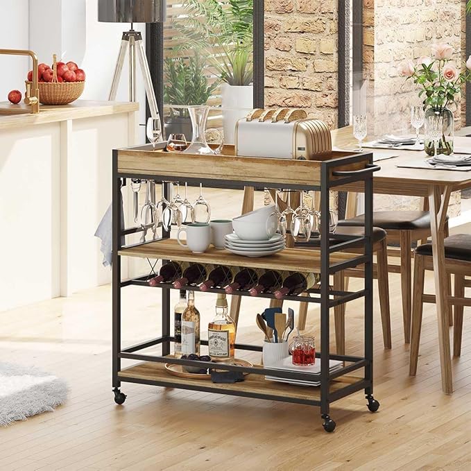 BON AUGURE Bar Cart for The Home, Bar Serving Carts on Wheels, 3 Tier Storage Drink Trolley, Rolling Wood and Metal Liquor Beverage Cart (Vintage Oak)
