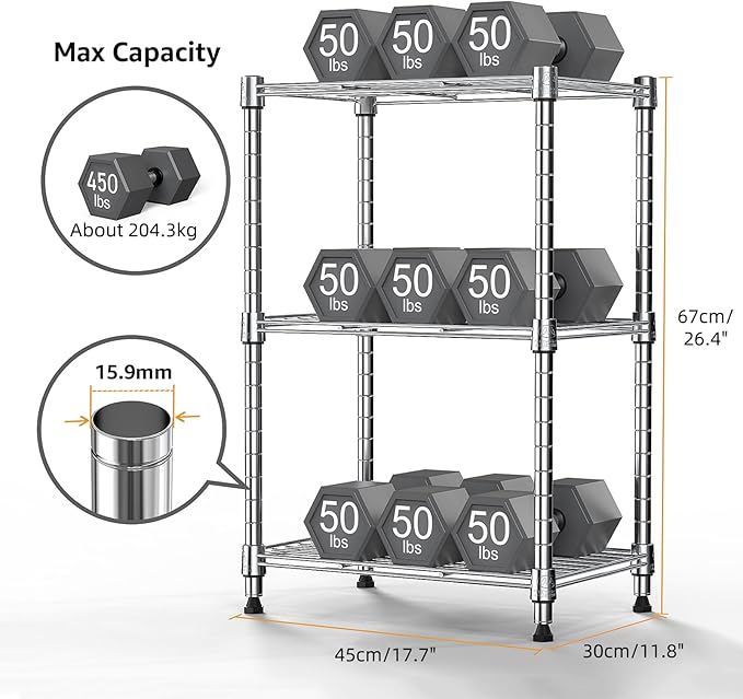 450 lbs Wire Storage Shelving 3-Tier Utility Shelving Unit Steel Organizer Wire Rack for Home,Kitchen,Office,Chrome(11.8" D x 17.7" W x 26.4" H)