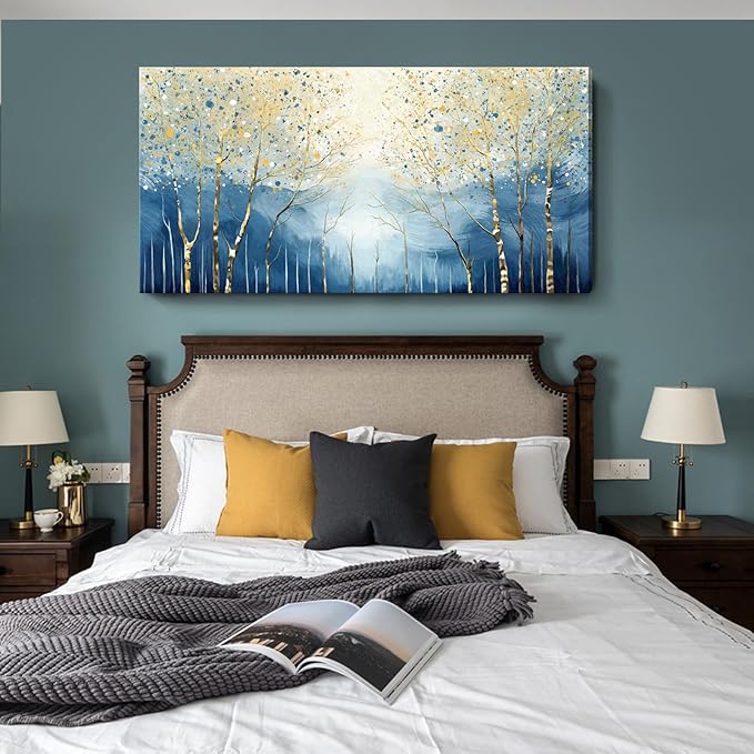 amatop Extra Large Wall Art for Living Room – Modern Forest Landscape Picture Abstract Nature Tree Scenery Canvas Art Prints Blue Wall Decor Oversized Horizontal Birch Artwork Bedroom Office 58x29 Inch