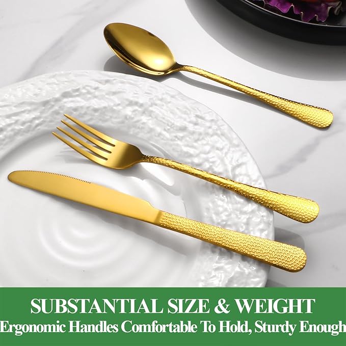 40 Pcs Gold Silverware Set for 8 with Hammered Design, Food Grade Stainless Steel Flatware Set, Eating Utensils Sets Include Fork/Knife/Spoon, Cutlery Set, Dishwasher Safe