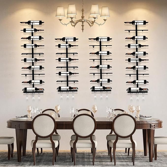 16 Bottle Wall Mount Wine Rack with Wine Glass Holder, Metal Wine Wall Rack, Wall Racks for Wine Bottles Display and Storage, Hanging Bottle Organizer for Living Dining Room Wine Cellar Bar (Black)