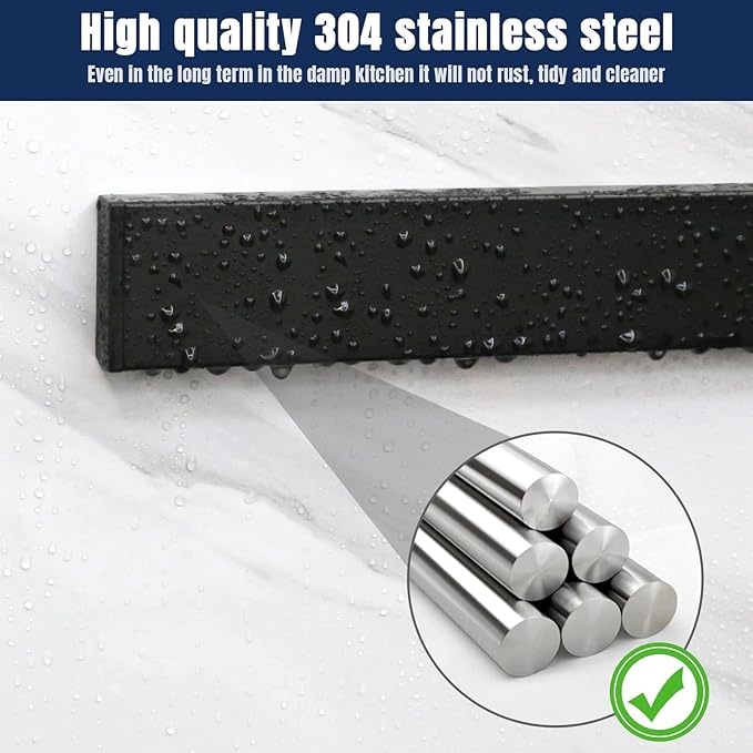 Dmore magnetic knife holder for wall—with 3 hooks, No Drilling 16 Inch black knife magnetic strip, Powerful knife magnet rack, include Adhesive Tape and screws for Knives, Utensils, and Tools