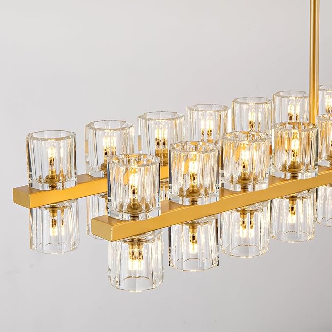 Crystal Brass Rectangular Chandelier Light Fixture,72 in Dining Room Chandeliers Over Table,Modern Chandelier For Living Room,Arcachon Chandeliers,Kitchen Island Chandelier,Includes 80xG4 Bulbs