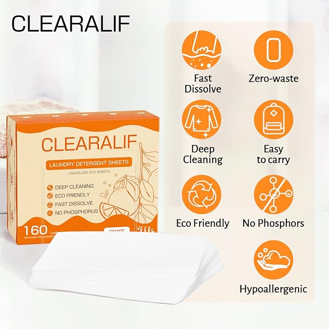 CLEARALIF Laundry Detergent Sheets Up to 160 Loads, Orange - Great For Travel, Apartments, Dorms,CLEARALIF Laundry Detergent Strips Eco Friendly & Hypoallergenic