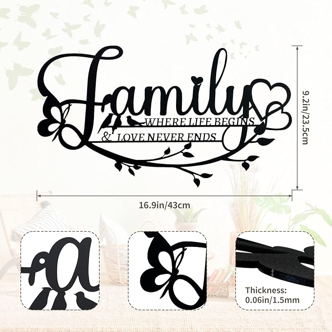 Family Sign Black Metal Wall Art Decor, Oppro Family Where Life Begins Love Never Ends Wrought Iron Wall Decorations, Hanging Plaque Letters Signs Home Decor for Living Room Bedroom Dining Room Kitchen Mother's Day Father's Day