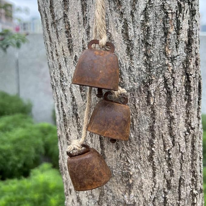 2pc Rustic Charm Bell - Handmade Hemp Rope Wind Chimes Hanging Decoration, Distressed Finish Cow Bell with Jute Hanging Rope, Perfect for Front Door, Outdoor, Window, and Home Decor,