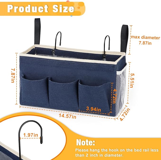 Bedside Caddy Bedside Organizer Bedside Storage Caddy with Fixed Straps and Water Bottle Holder for Home College Dorm Bunk Bed Hospital Bed Crib Bed Rails (2pcs Navy Blue)