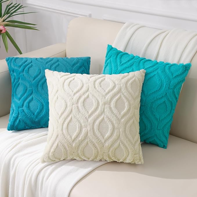 decorUhome Fall Throw Pillow Covers 12x20 Inch Set of 2, Soft Plush Decorative Faux Fur Turquoise Solid Couch Pillow Covers, Accent Farmhouse Neutral Lumbar Euro Pillow Cases for Sofa Bed Living Room