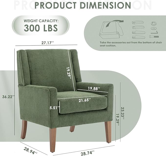 COLAMY Modern Wingback Living Room Chair, Upholstered Fabric Accent Armchair, Single Sofa Chair with Lounge Seat and Wood Legs for Bedroom/Office/Reading Spaces, Green