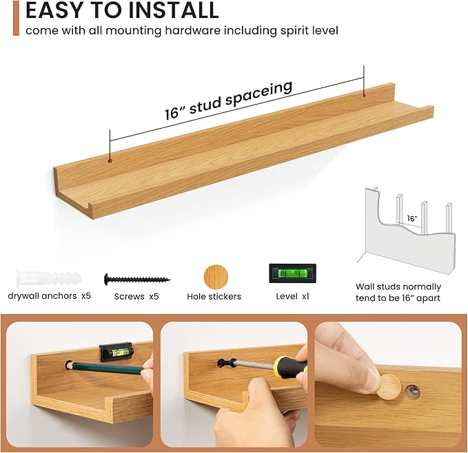 Fun Memories Picture Ledge Shelves Set of 2, 32 Inch Rustic Wall Mounted Floating Shelves with Lip for Home Storage and Décor in Bathroom, Kitchen, Nursery, Bedroom, Living Room, Oak