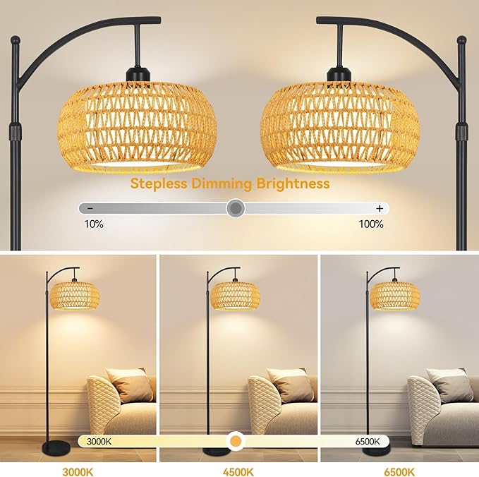 Arc Floor Lamps for Living Room Rattan Boho Floor Lamp with Remote Control,Dimmable LED Floor Lamp Wicker Lamp Shades Black Standing Lamp with 3 Color Temperature Tall Floor Lamps For Bedroom Corner