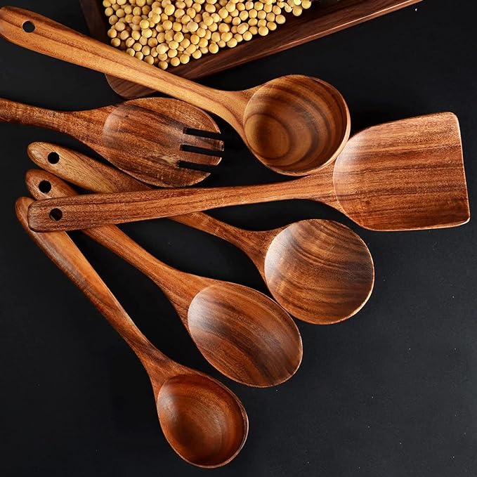 12 Pack Wooden Spoons for Cooking - Natural Teak Kitchen Utensils Set with Spatulas