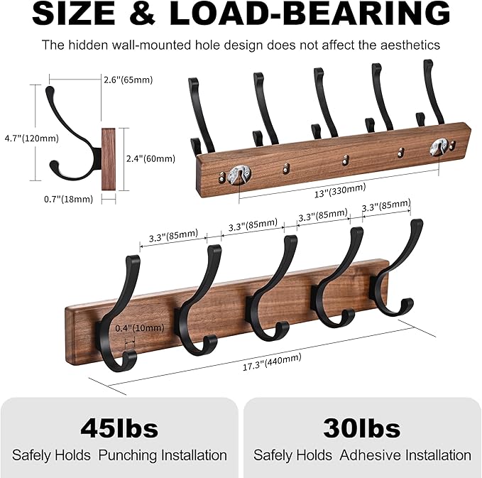 17.3" Small Wooden Coat Rack Wall Mount with 5 Hooks, Entryway Wall Hooks Coat Hanger for Hanging Towel Jacket Clothes Hat Backpack Shoe Purse Key Holder Multi Hook Rail by Black Walnut Wood