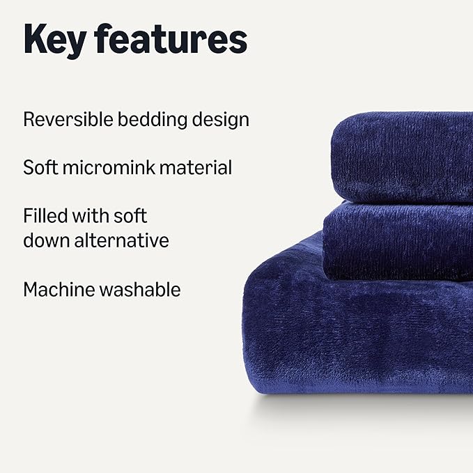 Amazon Basics Reversible Sherpa Comforter Set with Pillow Sham, Navy, Queen/Full