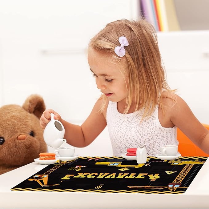 Construction Placemats Set of 6 Toddler Plastic Table Mats Dump Truck Place Mats Washable Vinyl Nursery Homeschool Table Decoration for Indoor Outdoor Party Kitchen Dining