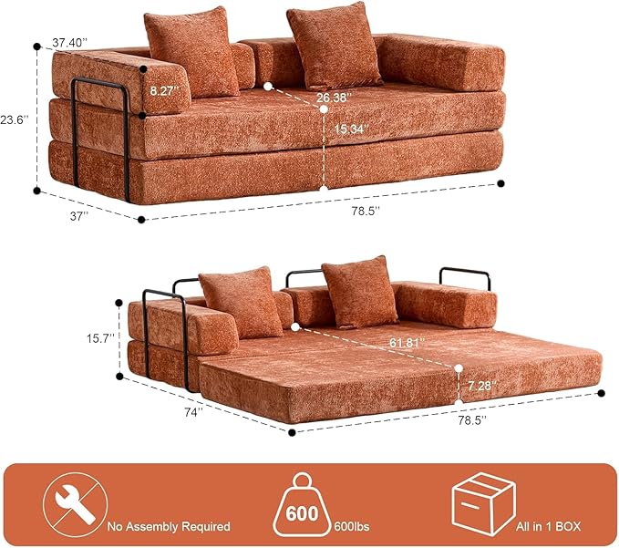 Convertible Sleeper Sofa Bed, Compression Folding Sofa with Pillow, No Assembly Required, Shape Frame, Floor Sofas Lounge Couch for Living Room, Bedroom, Small Spaces (Chenille, 77''W, Orange)