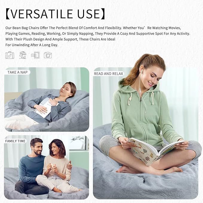 Bean Bag Chair for Adults 5FT,Soft Removable Cover for Teens/Girls Bedroom,Fluffy Giant Round Floor Beanbag Lounger Chairs (No Filler,Light Gray)