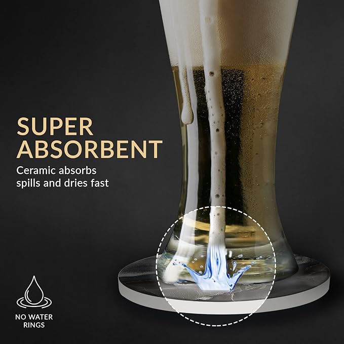 Emerson Coasters for Drinks Absorbent Set of 6 with Holder – Marble Style Coasters – Coasters for Drinks – Drink Coasters for Coffee Table – 100% Ceramic Stone Non Slip – Heavy Duty (Ripple)