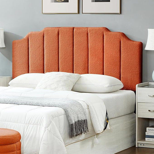 24KF Orange Teddy Fabric Tufted for Queen Upholstered Headboard, Modern Vertical Channel Design Full Headboard with Stepped Silhouette Top Edge,6026-Q-Teddy Orange