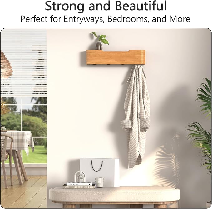 Coat Rack Wall Mount with Hidden Hooks Entryway Hanging Shelf Modern Wood Coat Hanger for Bedroom Kitchen Hallway Bathroom (Oak, 16.6 Inch Long)