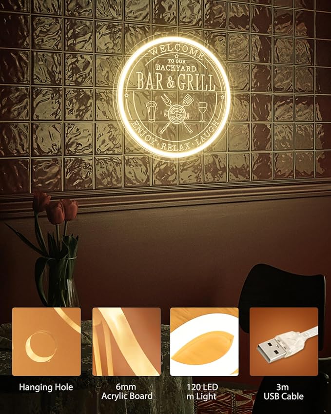 Bar & Grill Neon Sign for Home Bar Wall Art Decor, Dimmable LED Neon Lights Bar and Grill Signs for Backyard Patio Garden Yard BBQ Birthday Party, Grilling Light Up Sign for Housewarming Gifts