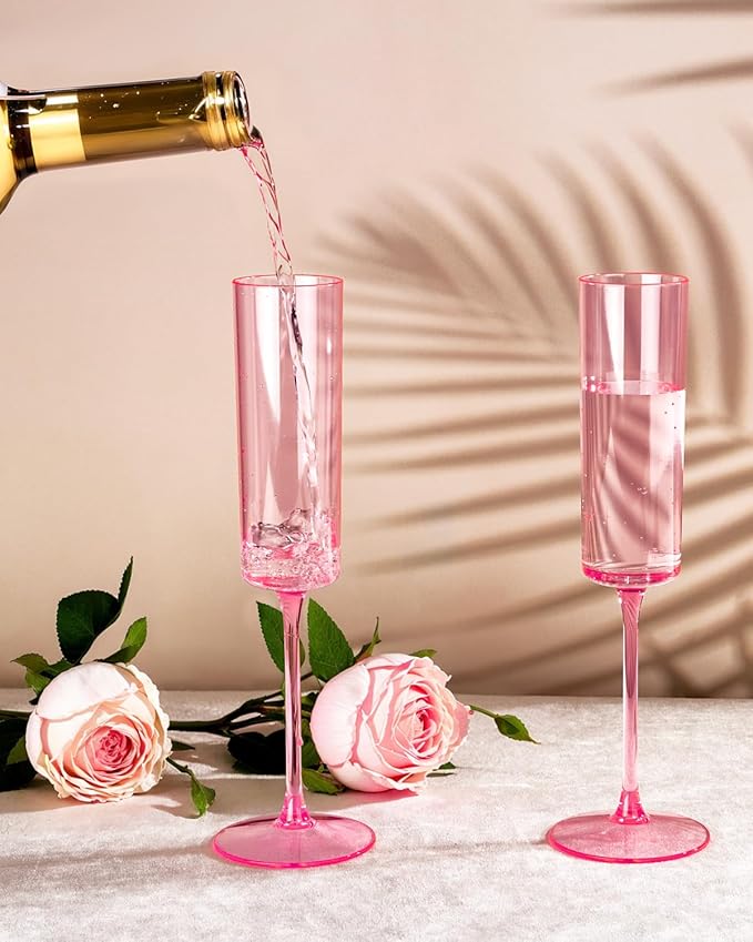 Ciaell 24 Pack Pink Plastic Champagne Flutes - Pink 6 Oz Disposable Champagne Glasses - Square Plastic Toasting Glasses for Party Birthday Anniversary Wedding