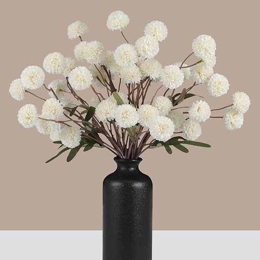 Faux White Kiku Flowers 10 Stems & 2 Eucalyptus, Fake Mums Pompon Flower Ball, Autumn Artificial Chrysanthemums Flowers for Boho Bedroom Decor, Silk Mini Faux Kiku Flower Wedding Arrangements Decor